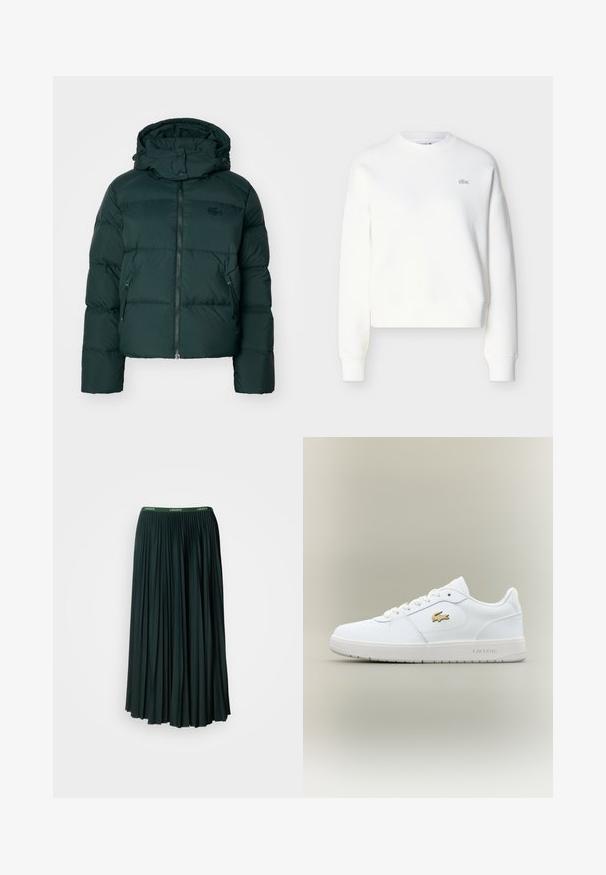 Grøn pufferjakke med høj krave, lynlås foran og sidelommer. Har et diskret mærke logo på brystet og en hætte.; Hvid cropped sweatshirt med rund halsudskæring, løs pasform og diskret logobroderi på brystet. Fremstillet af blødt, tekstureret stof.; Lang, plisseret nederdel i mørkegrøn med en bred talje, der har brandnavnet "LACOSTE" i kontrasterende grøn skrift.; Hvide lædersneakers med lavt design, rund tå, snøring og et guld Lacoste-logo som accent på siden.