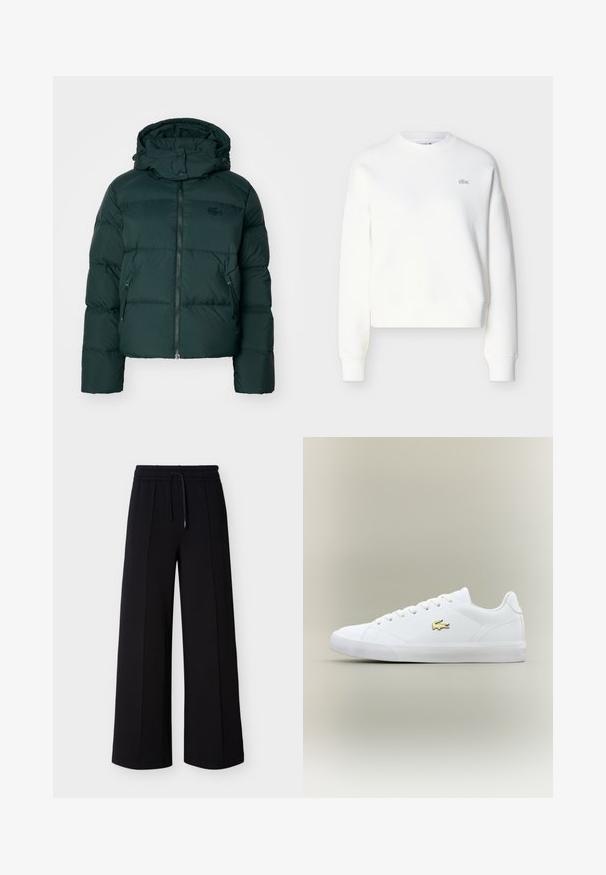 Grøn pufferjakke med høj krave, lynlås foran og sidelommer. Har et diskret mærke logo på brystet og en hætte.; Hvid cropped sweatshirt med rund halsudskæring, løs pasform og diskret logobroderi på brystet. Fremstillet af blødt, tekstureret stof.; Sorte bukser med brede ben lavet af blødt stof, med elastisk talje med snøre og sidesømme for en afslappet pasform.; Hvid sneaker lavet af glat læder med en rund tå, flade snørebånd og et lille guld logo. Har en struktureret gummisål og et enkelt design.