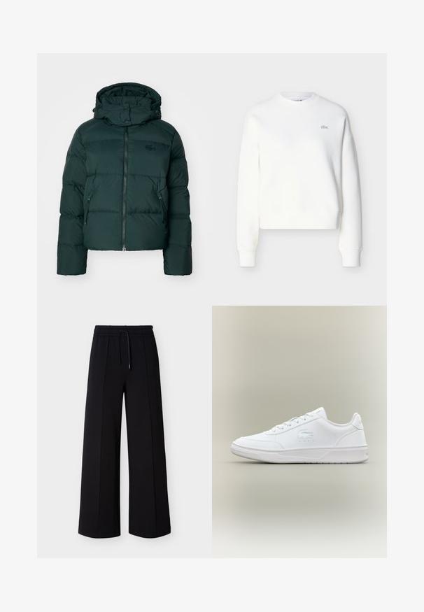 Groene pufferjack met een hoge kraag, ritssluiting aan de voorkant en zijzakken. Heeft een subtiele merklong op de borst en een capuchon.; Witte cropped sweatshirt met een ronde hals, een losse pasvorm en een subtiele logo-borduursel op de borst. Gemaakt van zachte, gestructureerde stof.; Zwarte broek met brede pijpen gemaakt van zachte stof, voorzien van een elastische tailleband met trekkoord en zijnaden voor een ontspannen pasvorm.; Witte sneaker met een gladde materiaal, ronde neus, vetersluiting, subtiele logo-detail aan de zijkant en een gestructureerde zool.