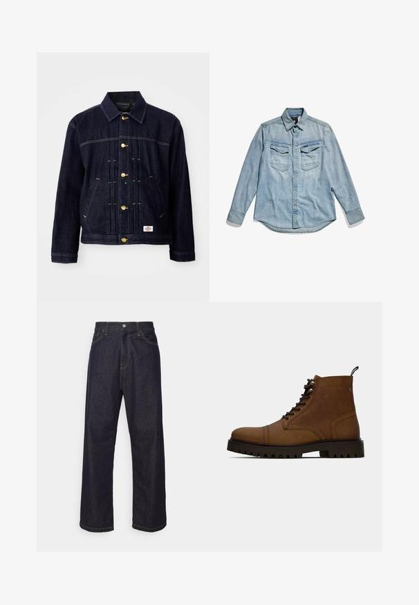 Mørkeblå denimjakke med klassisk design, gyldne knapper, to forlommer og synlige syningsdetaljer. Blød tekstur og struktureret form.; Lyseblå cowboyskjorte med lange ærmer, knaplukning foran, to brystlommer og klassisk krave. Blød tekstur med et afslappet design.; Mørkeblå lige ben denim jeans med gul syning, frontknap, lynlås og fem-lommer design.; Brun læder snørefri ankelstøvle med tyk sort sål og hængslet på en hvid baggrund.
