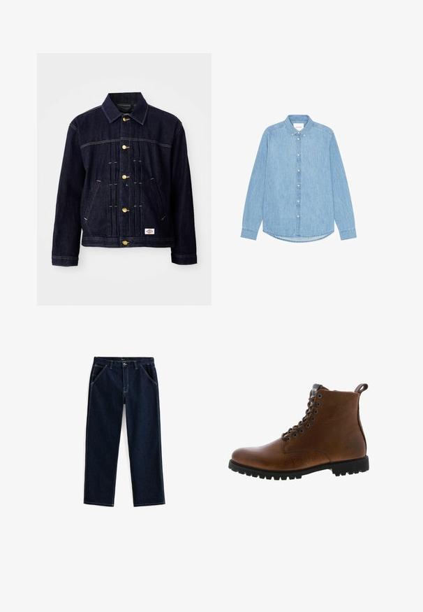 Mørkeblå denimjakke med klassisk design, gyldne knapper, to forlommer og synlige syningsdetaljer. Blød tekstur og struktureret form.; Lyseblå denimskjorte med knapper, lange ærmer, spidst krave og afrundet kant. Har knaplukning foran og lille logodetalje.; Mørkeblå denimjeans med lige ben, der har fem lommer og kontrasterende hvid syning langs sømme og lommer.; Brune læder ankelstøvler med tekstureret overflade, metaløjer og sort gummisål. Har en træktab bagpå for nem påtagning.