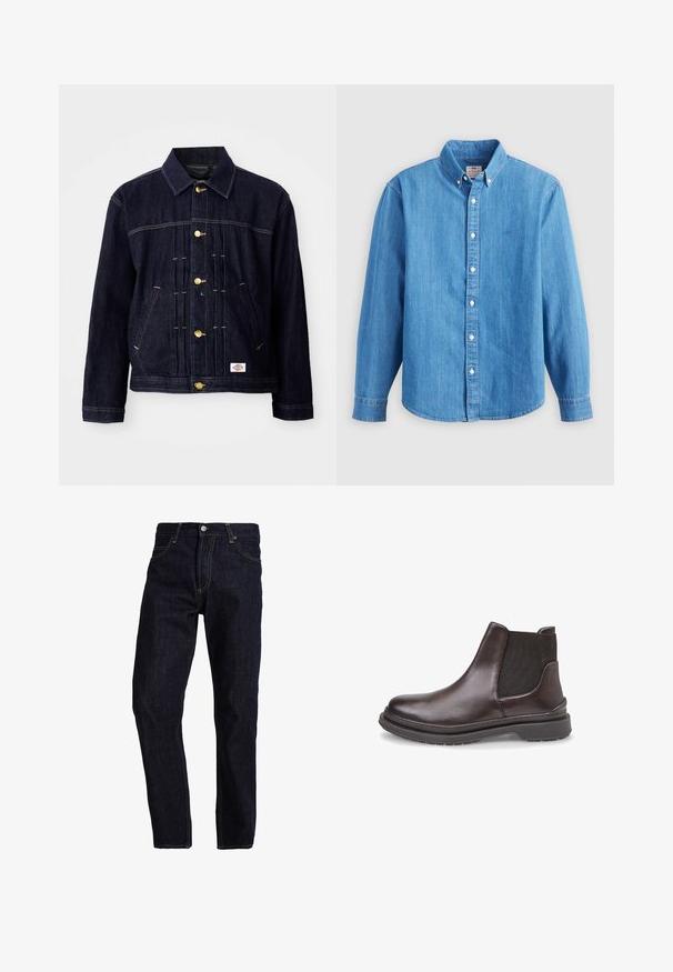 Mørkeblå denimjakke med klassisk design, gyldne knapper, to forlommer og synlige syningsdetaljer. Blød tekstur og struktureret form.; Lyseblå denimskjorte med lange ærmer, knap-ned krave og hvide knapper. Har et lille broderet logo på brystet.; Mørkeblå denim jeans med lige pasform, med gul syning, fem lommer og en klassisk knap- og lynlås lukning.; Brune læder Chelsea-støvle med sorte elastiske sidepaneler, afrundet tå og en tekstureret gummisål for godt greb. Glat finish og minimalistisk design.