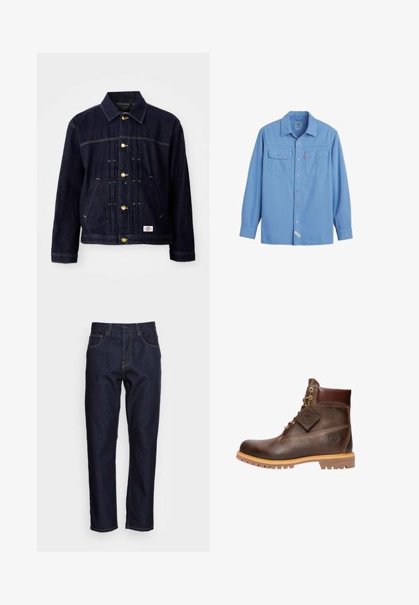 Mørkeblå denimjakke med klassisk design, gyldne knapper, to forlommer og synlige syningsdetaljer. Blød tekstur og struktureret form.; Lyseblå langærmet skjorte med knapper, to brystlommer, krave og synlige syningsdetaljer.; Mørkeblå denimjeans med lige pasform, fem lommer og kontrasterende gul syning. Designet med en klassisk knap- og lynlåslukning.; Brun læder ankelstøvle med rund tå, solid sål, hardware i guldtone og en tekstureret overdel. Inkluderer et logo-tagfæstet.