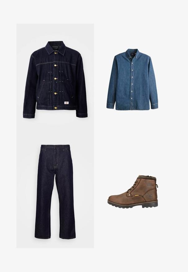 Mørkeblå denimjakke med klassisk design, gyldne knapper, to forlommer og synlige syningsdetaljer. Blød tekstur og struktureret form.; Denim button-up skjorte i mellemblå, med lange ærmer, spidse kraver, hvide knapper og en tætsiddende pasform med diskret logo broderi.; Mørkeblå lige ben denim jeans med forlommer, bæltestropper, lynlås og knaplukning, præsenteret foran en simpel hvid baggrund.; Brune læder ankelstøvle med afrundet tå, snørebåndsdesign, polstret krave og tekstureret gummisål. Har logo og metal-accenter.