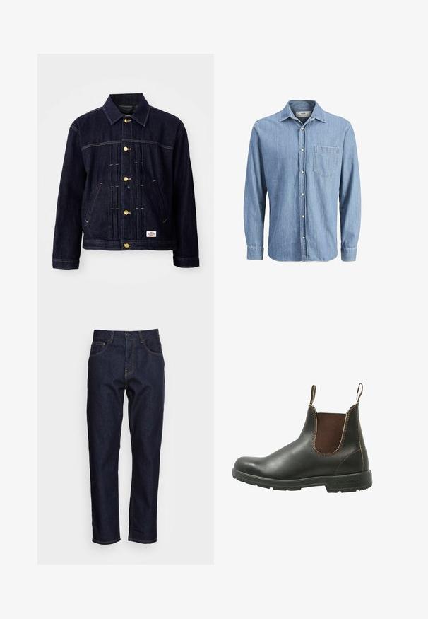 Mørkeblå denimjakke med klassisk design, gyldne knapper, to forlommer og synlige syningsdetaljer. Blød tekstur og struktureret form.; Lysblå denimskjorte med knap-ned krave, lange ærmer, enkelt brystlomme og broderet logo på lommen.; Mørkeblå denimjeans med lige pasform, fem lommer og kontrasterende gul syning. Designet med en klassisk knap- og lynlåslukning.; Chelsea støvle lavet af glat sort læder med brune elastiske sidepaneler, kontrastsyet, og en struktureret gummisål.