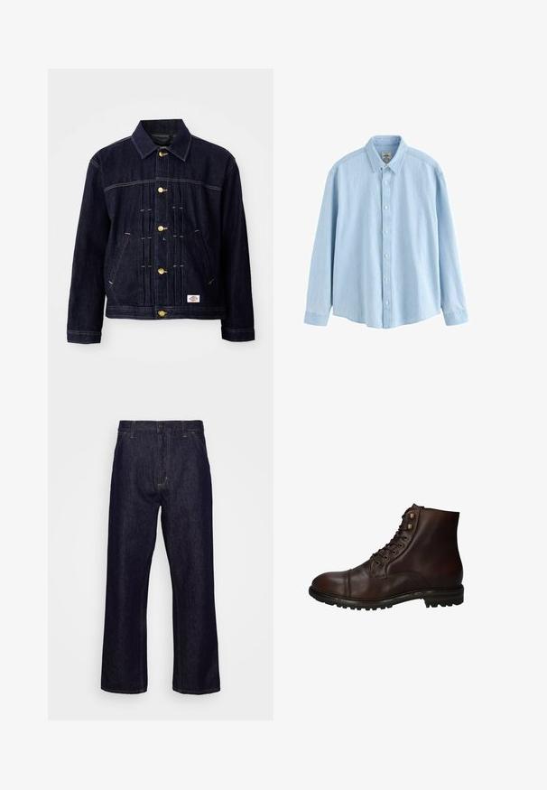 Mørkeblå denimjakke med klassisk design, gyldne knapper, to forlommer og synlige syningsdetaljer. Blød tekstur og struktureret form.; Lyseblå denimskjorte med lange ærmer, knapper og krave, medium størrelse, vist mod en hvid baggrund.; Mørkeblå lige ben denim jeans med forlommer, bæltestropper, lynlås og knaplukning, præsenteret foran en simpel hvid baggrund.; Mørkebrun læder snørebånd ankelstøvle med robuste gummisål og metaløjer, set fra den ydre side.
