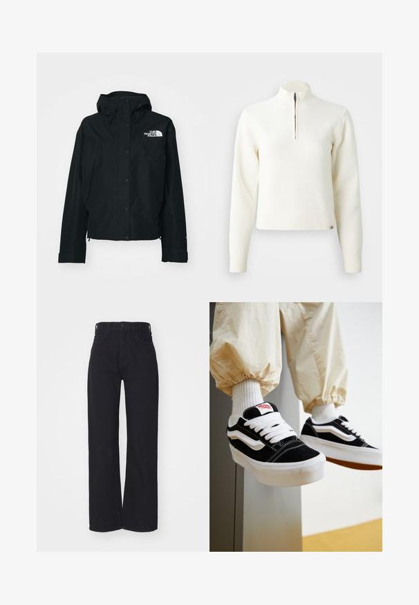 Zwarte waterdichte jas met capuchon, voorzien van drukknoopsluiting, elastische manchetten en een wit logo op de bovenste linkerzijde. Glad textuur.; Witte sweater met ritssluiting en lange mouwen. Gemaakt van een zachte gebreide stof, met ribgebreide boorden en een zoom. Subtiele merklogo aan de zoom.; Zwarte hoge taille wijdlopende jeans met een sluiting aan de voorkant met knoop en rits, ceintuurlussen en twee voorzakken op een witte achtergrond.; Persoon die zwart-witte Vans sneakers draagt met witte veters, witte sokken en beige broek met elastische manchetten.