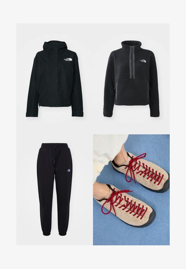Chaqueta negra impermeable con capucha, que cuenta con botones de presión, puños elásticos y un logo blanco en la parte superior izquierda. Textura suave.; Sudadera de polar negra con cuello alto, cremallera hasta el cuarto, bolsillo delantero y costuras de contraste. Presenta el logotipo de The North Face en el pecho.; Pantalones de chándal negros con cintura y puños elásticos, cordón de ajuste, bolsillos laterales y pequeño logo blanco de The North Face en el muslo derecho.; Zapatos beiges con cordones rojos, colocados sobre una superficie texturizada azul, que revelan parcialmente el tobillo de una persona. Los zapatos tienen un diseño deportivo.