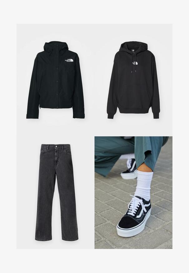 Chaqueta negra impermeable con capucha, que cuenta con botones de presión, puños elásticos y un logo blanco en la parte superior izquierda. Textura suave.; Sudadera negra con capucha y bolsillo canguro, con un logo blanco en el pecho, hecha de un tejido suave, diseñada para uso casual.; Jeans de mezclilla negra con corte recto, que cuentan con un cierre de botón metálico, cinco bolsillos y costuras visibles. Textura suave y color apagado.; Zapatillas de ante negro con acentos y cordones blancos, que cuentan con una gruesa suela blanca y costuras en contraste, combinadas con un calcetín blanco.