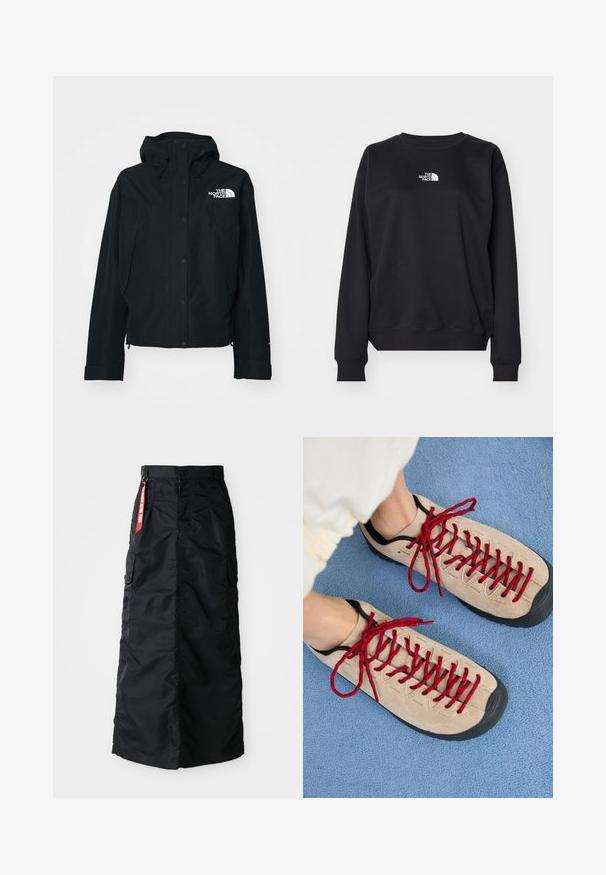 Zwarte waterdichte jas met capuchon, voorzien van drukknoopsluiting, elastische manchetten en een wit logo op de bovenste linkerzijde. Glad textuur.; Zwarte sweatshirt gemaakt van een katoenmengsel, met een ronde halslijn, lange mouwen, ribgebreide manchetten en een klein wit logo op de borst.; Zwarte lange rok met een voorkant met knopen en rits, zij cargo zakken en een rode 'Remove Before Flight' stoffen label op de tailleband.; Beige schoenen met rode veters, geplaatst op een blauwe, gestructureerde ondergrond, onthullen gedeeltelijk de enkel van een persoon. De schoenen hebben een sportief ontwerp.