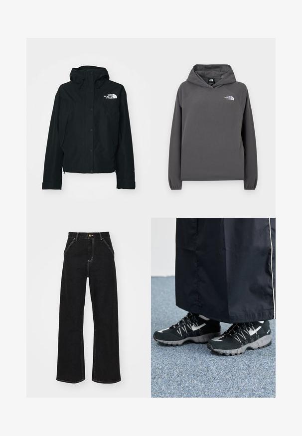 Chaqueta negra impermeable con capucha, que cuenta con botones de presión, puños elásticos y un logo blanco en la parte superior izquierda. Textura suave.; Sudadera con capucha gris de forro polar, de corte relajado, puños acanalados y un pequeño logo blanco en el pecho izquierdo. Textura suave y diseño sencillo.; Vaqueros negros de pierna ancha hechos de mezclilla. Presentan costuras blancas en contraste, bolsillos delanteros y un cierre de botón en la cintura.; Zapatillas deportivas negras con un upper texturizado, detalles plateados y una suela con patrón, combinadas con una prenda larga negra. Colocadas sobre una alfombra azul.