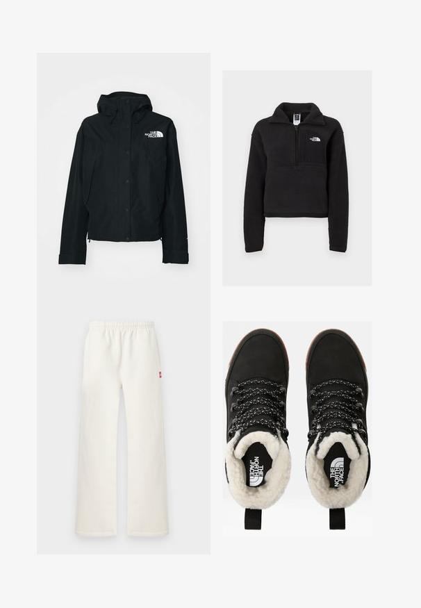 Chaqueta negra impermeable con capucha, que cuenta con botones de presión, puños elásticos y un logo blanco en la parte superior izquierda. Textura suave.; Sudadera de forro polar negra con media cremallera, cuello alto y un bolsillo en el pecho que presenta un logo blanco. Textura suave y diseño corto.; Pantalones rectos de color blanco hueso con cintura elástica y pequeño parche rojo en el lado derecho, exhibidos sobre un fondo claro y liso.; Botas de tobillo negras impermeables con forro de piel sintética, tejido texturizado, cordones con un patrón blanco y negro, y una lengüeta en el talón.