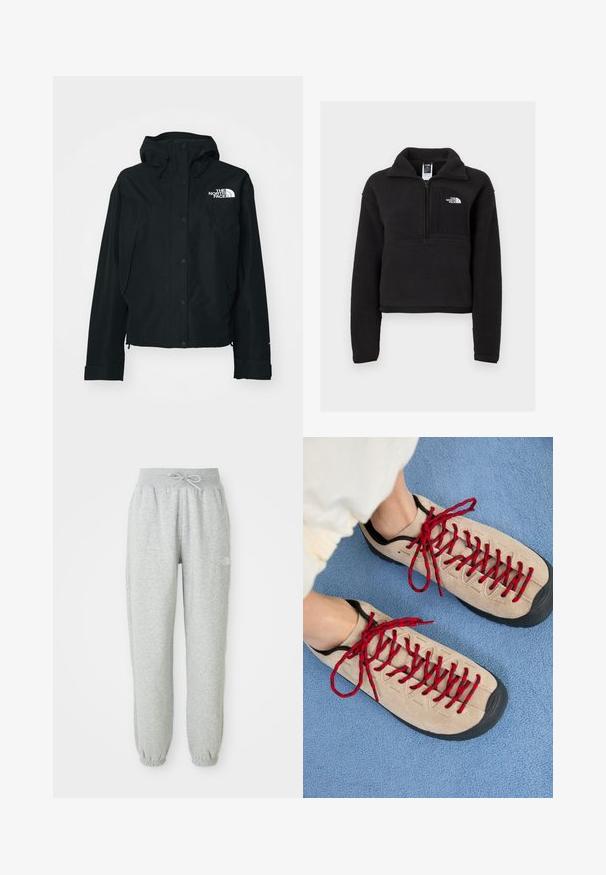 Sort vandtæt jakke med hætte, der har trykknapper, elastiske manchetter og et hvidt logo på den øverste venstre side. Glat tekstur.; Sort fleece pullover med en kvart lynlås, høj krave og en brystlomme med et hvidt logo. Blød tekstur og cropped design.; Grå sweatpants med elastisk talje og snøre. Stoffet er blødt, og de har elastiske manchetter ved anklerne samt et logoaccent.; Beige sko med røde snørebånd, placeret på en blå tekstureret overflade, delvist synliggørende en persons ankel. Skoene har et sporty design.