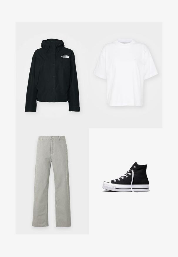 Veste imperméable noire avec capuche, dotée de boutons-pression, de poignets élastiques et d'un logo blanc sur le côté supérieur gauche. Texture lisse.; T-shirt en coton blanc avec un col rond, des manches courtes et une coupe décontractée. Présente un logo discret sur la zone gauche de la poitrine. Texture lisse.; Pantalon droit pour homme avec fines rayures verticales noires et blanches, fermeture boutonnée, passants pour ceinture et poches latérales.; Baskets montantes en toile noire avec semelle en caoutchouc blanche et lacets blancs, vues de côté sur un fond blanc.