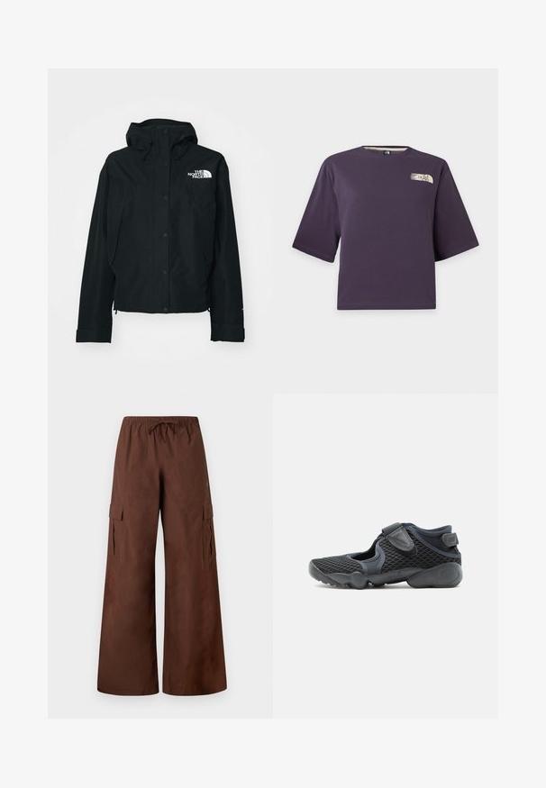 Čierna nepremokavá bunda s kapucňou, so zacvakávacími gombíkmi, elastickými manžetami a bielym logom na hornej ľavej strane. Hladká textúra.; Fialové krátke crop tričko s malým béžovým logom The North Face v hornej ľavej časti hrudníka.; Hnedé cargo nohavice s širokými nohavicami, elastickým pásom, šnúrkou, bočnými klopovými vreckami a cvokmi na lemoch.; Čierna športová obuv s sieťovinovými vrchmi, dvoma nastaviteľnými suchými zipsami a odpruženou podrážkou navrhnutou pre pohodlie a flexibilitu.