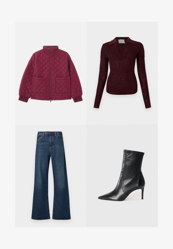 Veste matelassée bordeaux avec un col haut, fermeture éclair, deux poches avant et poignets élastiques. Présente un motif en losanges sur l'ensemble.; Pull en maille bordeaux foncé à manches longues, col en V large et col plat, silhouette ajustée sur fond blanc.; Jean en denim bleu foncé taille haute avec une coupe large évasée, fermeture à boutons et zip à l'avant, et poches avant.; Bottes noires à la cheville en cuir lisse, dotées d'un bout pointu, d'un tige ajustée et d'un talon haut fin. Design minimaliste sans quincaillerie visible.
