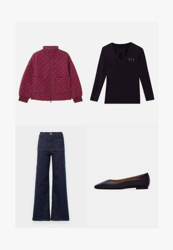 Veste matelassée bordeaux avec un col haut, fermeture éclair, deux poches avant et poignets élastiques. Présente un motif en losanges sur l'ensemble.; T-shirt à manches longues noir en V en coton doux ; présente le logo brodé "A/X" en gris sur le côté supérieur gauche.; Jean évasé bleu foncé en denim avec une taille haute, comportant deux poches arrière et des coutures contrastées le long des coutures.; Chaussure plate en cuir noir à bout pointu avec talon bas et finition lisse, vue de côté sur un fond gris clair.