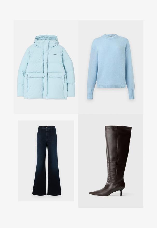 Veste rembourrée bleu clair avec une capuche, dotée d'une fermeture éclair sur le devant, de deux grandes poches avant et d'un petit logo sur la poitrine gauche.; Pull bleu clair en maille avec manches longues, poignets côtelés, ourlet et col rond sur un fond uni.; Jean large bleu foncé à taille haute, poches plaquées à l'avant, fermeture par bouton, sans usure visible ni ornements.; Botte en cuir marron, hauteur genou, avec un bout pointu et un talon fin. Texture lisse et design élégant, arborant une silhouette minimaliste.
