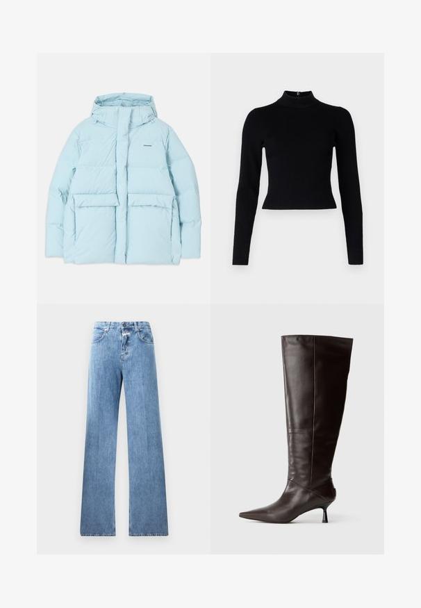 Lyseblå polstret jakke med hætte, der har en frontlynlås, to store forlommer og et lille logo på venstre bryst.; Sort ribbet turtleneck sweater med lange ærmer og en tætsiddende silhuet, der har en glat overflade og en lynlåsdetalje på ryggen.; Lyseblå denim jeans med vid ben-design, fem lommer, bæltestropper og knaplukning. Stofmaterialet har en glat tekstur.; Brune læderknæ-høje støvler med spids tå og slank hæl. Glat tekstur og strømlinet design med en minimalistisk silhuet.