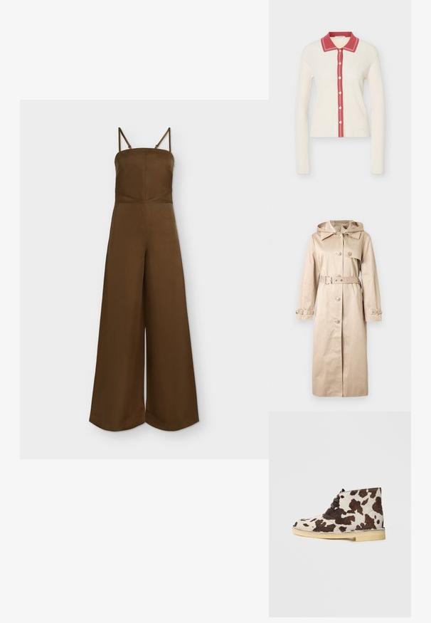 Trench-coat long beige avec capuche, fermeture à boutons, taille ceinturée et sangles ajustables aux poignets, présenté sur un fond uni.; Combinaison marron à jambes larges avec fines bretelles réglables et encolure droite ajustée.; Cardigan en maille crème à manches longues avec col contrastant rose et patte de boutonnage avec six boutons blancs.; Bottines en cuir de vache marron et crème à bout arrondi, à lacets, avec une semelle en caoutchouc de couleur claire. Surface texturée avec des motifs naturels.