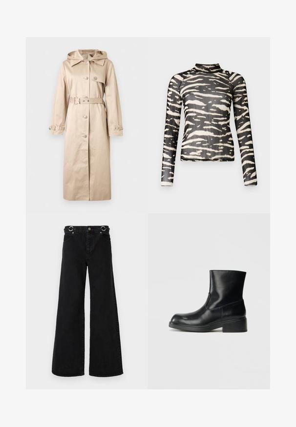 Trench-coat long beige avec capuche, fermeture à boutons, taille ceinturée et sangles ajustables aux poignets, présenté sur un fond uni.; Haut à manches longues en tissu noir transparent avec des rayures abstraites blanches, col montant et coupe ajustée, mettant en valeur un motif moderne.; Jean noir à jambes larges en denim, avec une taille haute, de grandes poches avant, et des accessoires ronds argentés à la ceinture.; Bottine en cuir noir avec un bout rond, texture lisse, panneaux élastiques sur les côtés et un petit talon carré. Logo embossé sur le côté.