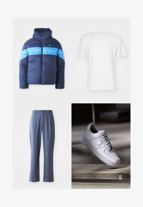Veste matelassée bleu marine avec capuche, arborant deux bandes horizontales bleu clair sur la poitrine. Fermeture éclair et texture matelassée.; T-shirt en coton blanc à manches courtes, encolure ronde et texture lisse. Design simple sans motifs ni graphiques.; Pantalon bleu marine avec plis, coupe droite, en tissu léger, avec une fermeture à un bouton à l'avant et des passants de ceinture.; La basket Nike Air Force 1 en cuir blanc présente un embout perforé, des lacets plats et une semelle en caoutchouc texturée avec le logo « AIR » sur le côté.