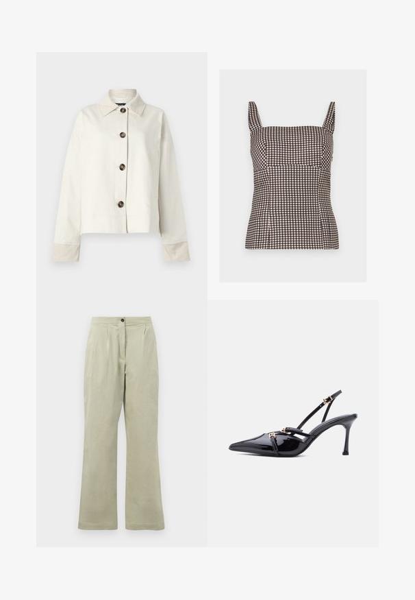 Helle beige, taillierte Jacke mit Kragen, fünf braunen Knöpfen, zwei Vorderaschen und kontrastierenden Ärmelbündchen. Der Stoff scheint glatt zu sein.; Braun-weiß karierte, ärmellose, taillierte Bluse mit quadratischem Ausschnitt und breiten Schulterträgern.; Hellegrüne weite Hose aus weichem Stoff, mit einem Frontknopfverschluss, Falten und einem sauberen Saum.; Schwarzer spitzer Slingback-Absatz aus Lackleder mit dünnen Riemen und kleinen Verschlüssen in Goldoptik auf weißem Hintergrund.