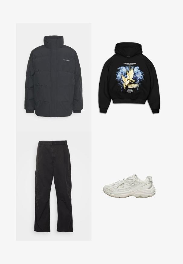 Zwarte pufferjas met een hoge kraag, rits aan de voorkant en elastische manchetten. Bevat een zak en een klein logo op de borst. Getextureerd oppervlak.; Zwarte hoodie met een grafische print van duiven tegen een stormachtige blauwe achtergrond met bliksem. Tekst leest "VINTAGE DREAMS."; Zwarte cargobroek met een rechte pijpontwerp, voorzien van twee zijzakken, een knoopsluiting en een gestructureerde stof.; Witte sneaker met een gestructureerd bovenwerk en een dikke zool. Kenmerken zijn onder andere gebogen lijnen, subtiele grijze accenten en een veterontwerp.