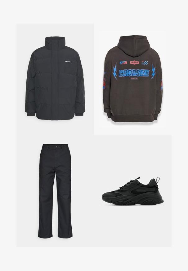 Zwarte pufferjas met een hoge kraag, rits aan de voorkant en elastische manchetten. Bevat een zak en een klein logo op de borst. Getextureerd oppervlak.; Donkergrijze hoodie met grote blauwe "DROPSIZE" tekst en kleurrijke graphics. Voorzien van een capuchon, geribbelde mouwen en verschillende geprinte patches.; Zwarte cargobroek met een rechte pijpdesign, voorzien van zijzakken en een geweven stof. Knopsluiting in de taille voor een veilige pasvorm.; Zwarte sportieve sneakers met een chunky zool, mesh panelen en rubberen accenten. Voorzien van een trekband aan de hak en gestructureerde patronen.