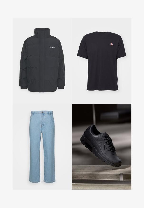 Zwarte pufferjas met een hoge kraag, rits aan de voorkant en elastische manchetten. Bevat een zak en een klein logo op de borst. Getextureerd oppervlak.; Zwart T-shirt met korte mouwen en ronde hals, met een klein kleurrijk Dickies-logo op de linkerborst tegen een effen achtergrond.; Lichtblauwe denim jeans met een recht pijpdesign, met een knoopsluiting, riemlussen en twee voorzakken.; Zwarte Nike Air Max sneakers met een bovenwerk van gestructureerd leer, rubberen zool en een opvallend vetersysteem, dat een strakke, moderne uitstraling heeft.