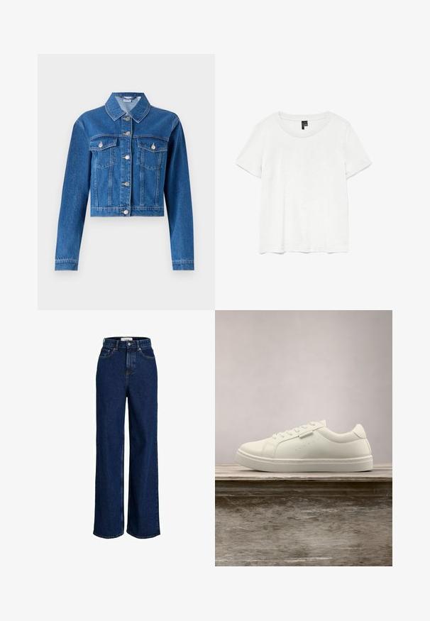 Veste en denim bleue avec un design court, fermeture à boutons, deux poches poitrine et accents en métal argenté. Texture lisse.; T-shirt blanc à manches courtes avec un col rond, fabriqué en tissu léger. Design simple, texture lisse et ourlet droit.; Jean large taille haute bleu foncé avec poches avant, passants pour ceinture, fermeture par bouton et détails de coutures visibles.; Baskets en cuir blanc avec des lacets flottant au-dessus d'un banc en bois, herbe verte haute floue en arrière-plan à l'extérieur.