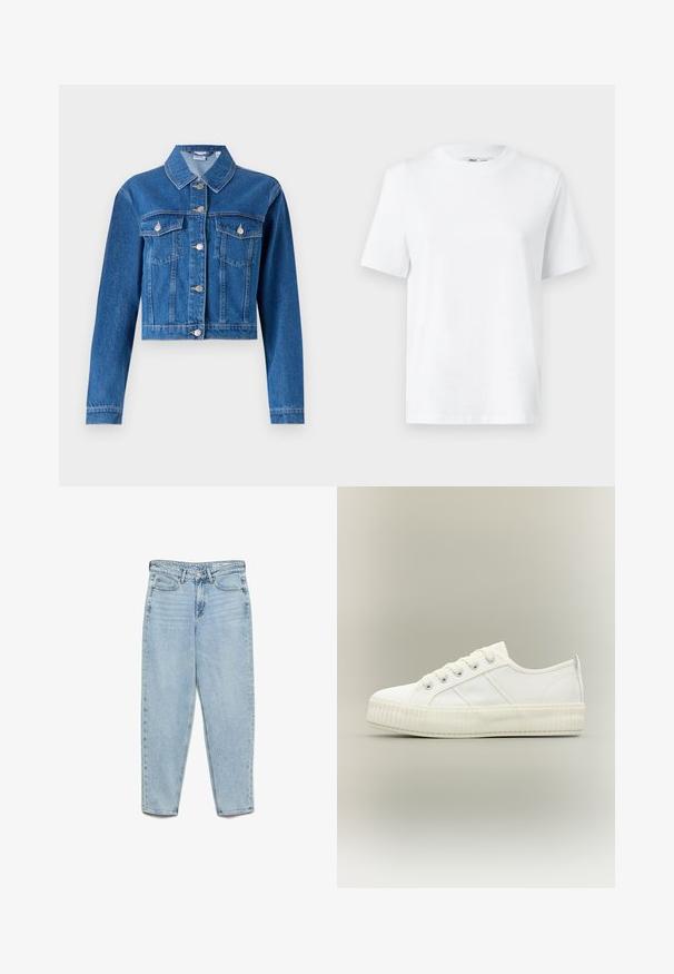 Veste en denim bleue avec un design court, fermeture à boutons, deux poches poitrine et accents en métal argenté. Texture lisse.; T-shirt en coton blanc à col rond, avec des manches courtes et une texture lisse. Conçu avec une coupe décontractée pour plus de confort et de polyvalence.; Jean en denim bleu clair taille haute avec poches avant, passants pour ceinture, fermeture à boutons et jambes fuselées sur fond blanc.; Baskets basses blanches avec semelle épaisse côtelée, lacets à l'avant et languette à l'arrière sur fond neutre.