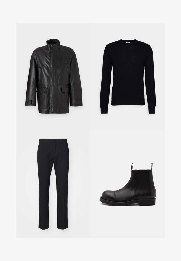 Veste en cuir noir avec col haut, poche zippée sur la poitrine et deux poches à rabat à l'avant. Présente une texture lisse et un design droit.; Pull noir à manches longues en tricot doux. Encolure ronde, poignets et ourlet côtelés. Design minimaliste sans motifs ni boutons visibles.; Pantalon bleu marine avec une coupe ajustée, fabriqué en tissu lisse. Il présente un devant plat, des passants de ceinture et des jambes droites avec un ourlet soigné.; Bottine Chelsea en cuir noir à bout arrondi, panneaux latéraux élastiques, languettes à l’avant et à l’arrière, semelle plate, vue de côté sur fond blanc.