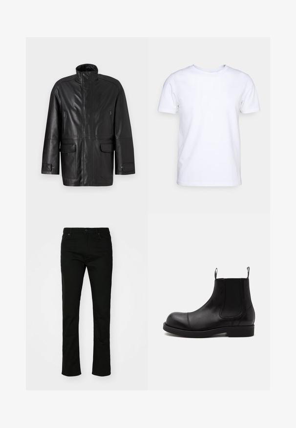 Chaqueta de cuero negro con cuello alto, bolsillo en el pecho con cremallera y dos bolsillos frontales con solapa. Cuenta con una textura suave y un diseño de corte recto.; Camiseta blanca de manga corta en tejido de algodón con cuello redondo. Diseño simple sin patrones ni acentos. Textura suave.; Jeans de mezclilla negra con diseño de pierna recta, estilo de cinco bolsillos y cierre de botón. Textura suave con sutilezas en los detalles de costura.; Bota Chelsea de cuero negro con punta redondeada, paneles laterales elásticos, tiradores delante y detrás, suela plana, mostrada de lado sobre fondo blanco.