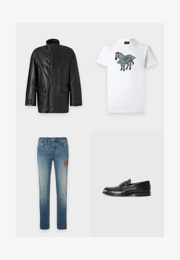 Zwarte leren jas met hoge kraag, ritszak op de borst en twee voorflapzakken. Kenmerkt zich door een gladde textuur en recht afgesneden ontwerp.; Wit T-shirt met daarop een afbeelding van een zebra met een groot elektronisch circuitboard over het midden van het lichaam.; Blauwe spijkerbroek van denim met een vervaagde afwerking, rechte pijpen, vijfzakkenontwerp en een geborduurd "K"-logo aan de voorkant.; Zwarte leren instappers met een ronde neus, gestikte details en een vlakke rubberen zool. Heeft een brede band over de wreef.
