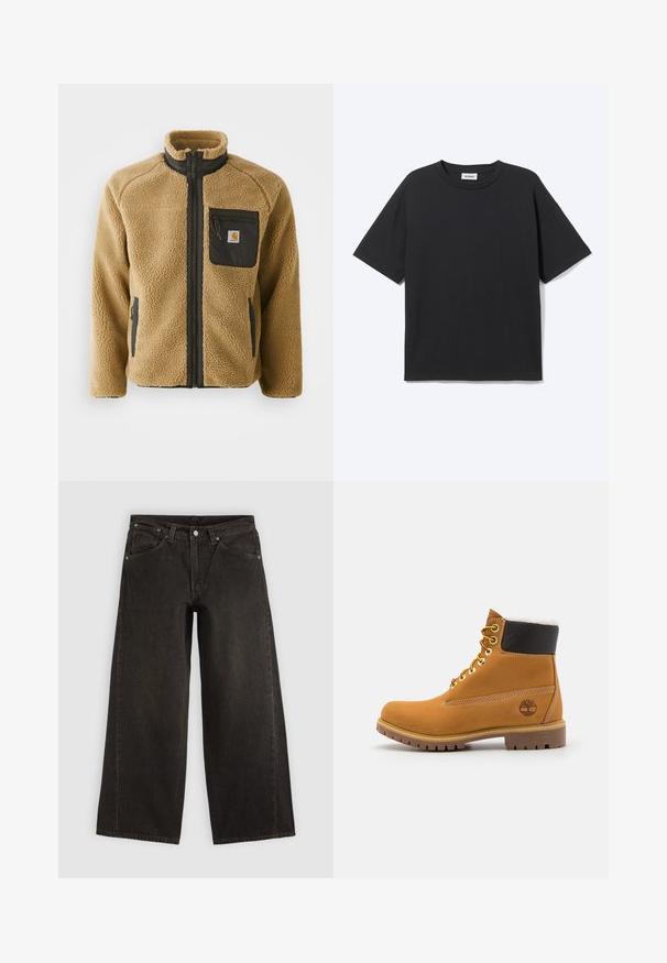 Tan fleece jack met een zwarte ritssluiting op de borst en bijpassende zijzakken. Heeft een hoge kraag en een textiele stof voor extra warmte.; Zwart T-shirt met korte mouwen en ronde hals met een ontspannen pasvorm, vooraanzicht, effen ontwerp en zichtbaar Weekday-merklabel binnenin de kraag.; Zwarte wijdere denim jeans met voorzakken, knoopsluiting en ceintuurlussen, plat neergelegd op een lichte achtergrond.; Bruine leren enkellaars met metalen oogjes, witte faux bont voering, zwarte gewatteerde kraag, robuuste zool en een reliëflogo aan de zijkant.