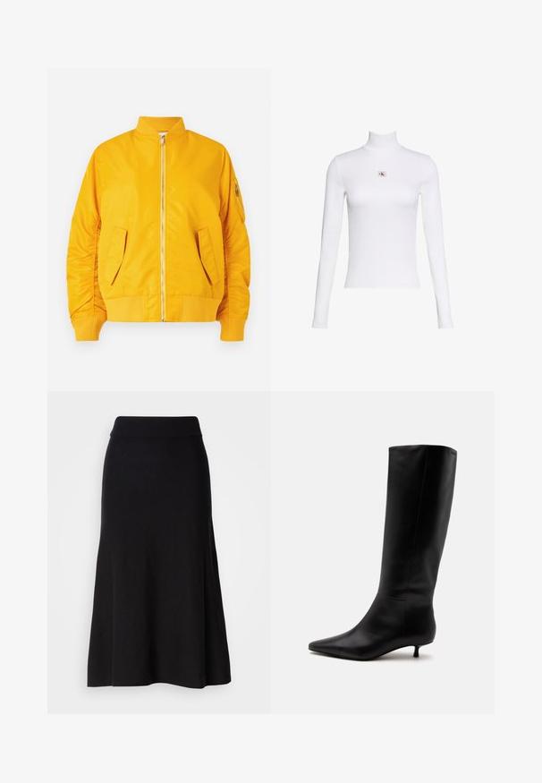 Veste bomber jaune avec une fermeture éclair à l'avant, col et poignets côtelés, deux poches latérales et une poche zippée sur la manche. Tissu lisse et brillant.; Haut blanc à manches longues avec col roulé et petit patch logo Calvin Klein centré sur la poitrine sur fond blanc uni.; Jupe évasée en tricot noir avec une large taille, longueur midi, texture lisse et sans motifs ni détails métalliques visibles.; Botte noire en cuir jusqu'au genou avec bout pointu et petit talon kitten sur un fond clair uni.