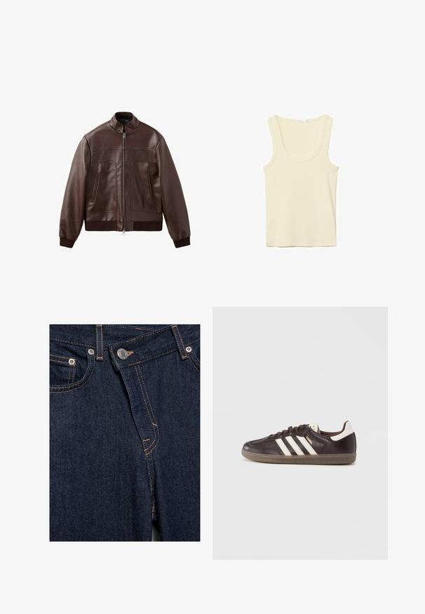 Veste aviateur en cuir marron foncé avec poignets et ourlet côtelés, fermeture éclair frontale et deux poches verticales zippées.; Débardeur sans manches couleur crème avec encolure dégagée et coutures simples, présenté sur un fond blanc.; Gros plan sur le devant d'un jean en denim bleu foncé avec bouton métallique, braguette zippée, poches avant et détails de couture orange.; Baskets en cuir marron foncé avec un design à trois bandes blanches, une semelle en caoutchouc et l'inscription "Samba" en lettres dorées sur le côté. Forme classique basse.