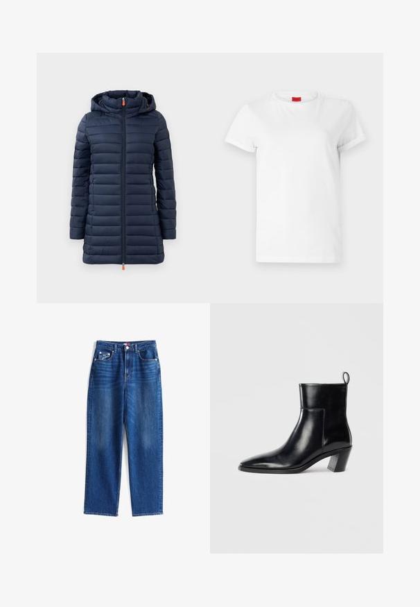 Veste matelassée bleu marine avec capuche, présentant des sections matelassées horizontales, une fermeture éclair intégrale et un tirette de fermeture éclair orange. Texture lisse, design léger.; T-shirt blanc à manches courtes en coton léger. Présente un col rond et des manches retroussées. Étiquette logo rouge sur le col.; Jean en denim bleu droit avec poches avant, fermeture par boutons et légère décoloration sur les cuisses, posé à plat sur fond blanc.; Bottine en cuir noir avec un bout pointu, un talon empilé géométrique et une languette à l'arrière. Texture lisse et design épuré.
