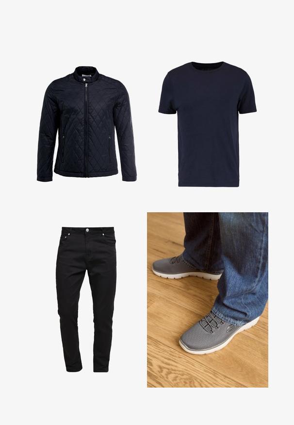 Veste noire matelassée avec col montant, fermeture éclair sur toute la longueur et deux poches latérales. Fabriquée en tissu lisse et léger avec un motif en losanges.; Pier One by Zalando T-shirt basique - dark blue; Jean noir en tissu denim, design slim fit, style à cinq poches, fermeture à bouton métallique, avec des détails de couture et une texture lisse.; Des chaussures de sport grises avec une tige en maille, une semelle blanche et des lacets élastiques. Associées à un jean en denim bleu, sur un sol en bois.
