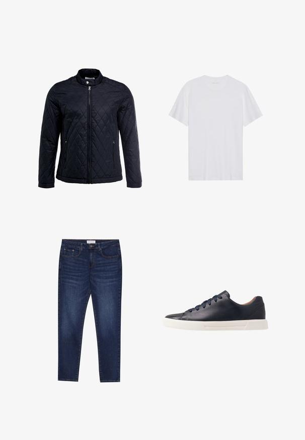Veste noire matelassée avec col montant, fermeture éclair sur toute la longueur et deux poches latérales. Fabriquée en tissu lisse et léger avec un motif en losanges.; T-shirt en coton blanc à manches courtes, col rond et texture lisse. Présente un branding minimal au niveau du col.; Jean slim-fit bleu foncé avec cinq poches, fermeture à bouton et couture contrastante, étiqueté Pier One à la taille.; Baskets en cuir bleu marine avec une finition lisse, semelle en caoutchouc blanc plat, bout arrondi et six lacets bleu marine passés à travers des œillets ronds.