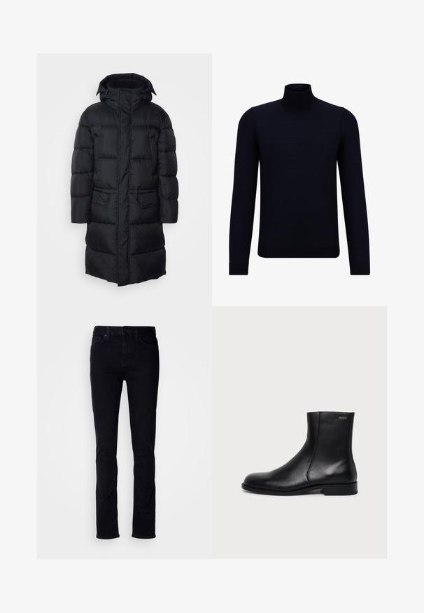 Schwarze Pufferjacke mit Kapuze, Reißverschluss und zwei Fronttaschen, mit gestepptem Futter und einer glatten, leichten Außenseite.; Dunkelblauer Rollkragenpullover aus feinem Strickmaterial, mit langen Ärmeln und einem taillierten, hohen Kragen. Keine sichtbaren Muster oder Akzente.; Schwarze Denim-Jeans mit Slim-Fit, Fünf-Taschen-Design, sichtbaren Nähten und Knopfleiste. Glatte Textur ohne zusätzliche Muster.; Schwarzer Leder-Knöchelstiefel mit niedrigem Absatz, seitlicher Naht und kleinem "HUGO" Logo am oberen Schaft vor einfarbigem Hintergrund.