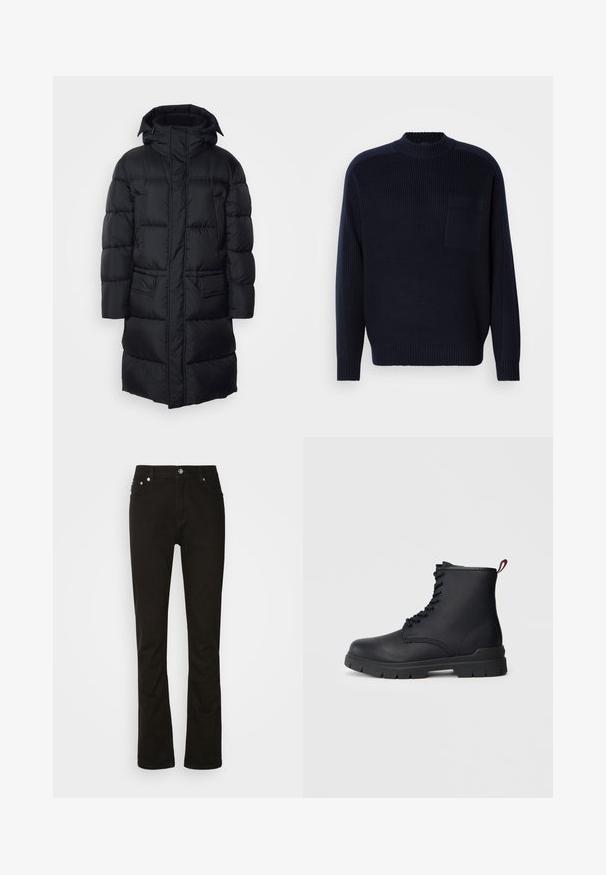 Schwarze Pufferjacke mit Kapuze, Reißverschluss und zwei Fronttaschen, mit gestepptem Futter und einer glatten, leichten Außenseite.; Navyblauer Strickpullover mit Rundhalsausschnitt, langen Ärmeln, geribbelter Textur und einer Brusttasche. Weicher Stoff mit lockerer Passform.; Schwarze Jeans aus Denim mit geradem Bein, ausgestattet mit vorderen Taschen, einem Reißverschluss und silbernen Hardware-Details. Glatte Textur, ohne Muster.; Schwarze Leder-Stiefelette mit Schnüroptik, dickem Gummisohle und roter Schlaufe am Absatz, vor einem schlichten, hellen Hintergrund gezeigt.