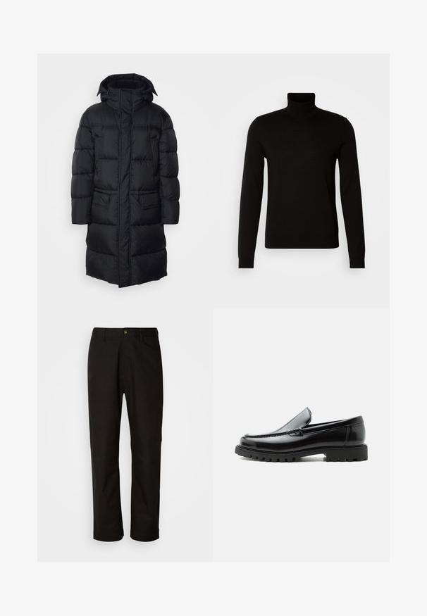 Schwarze Pufferjacke mit Kapuze, Reißverschluss und zwei Fronttaschen, mit gestepptem Futter und einer glatten, leichten Außenseite.; Schwarzer Rollkragenpullover aus feiner Strickware, mit langen Ärmeln und taillierter Silhouette. Glatte Textur mit gerippten Bündchen.; Schwarze Baumwollhosen mit geradem Schnitt, Gürtelschlaufen, einem Reißverschluss vorne und einem einzelnen Knopfverschluss. Glatte Textur ohne sichtbare Muster.; Schwarzer Lederloafer mit grober Gummisohle, genähter Oberseite und geprägtem Markennamen an der Ferse, seitlich auf weißem Hintergrund gezeigt.