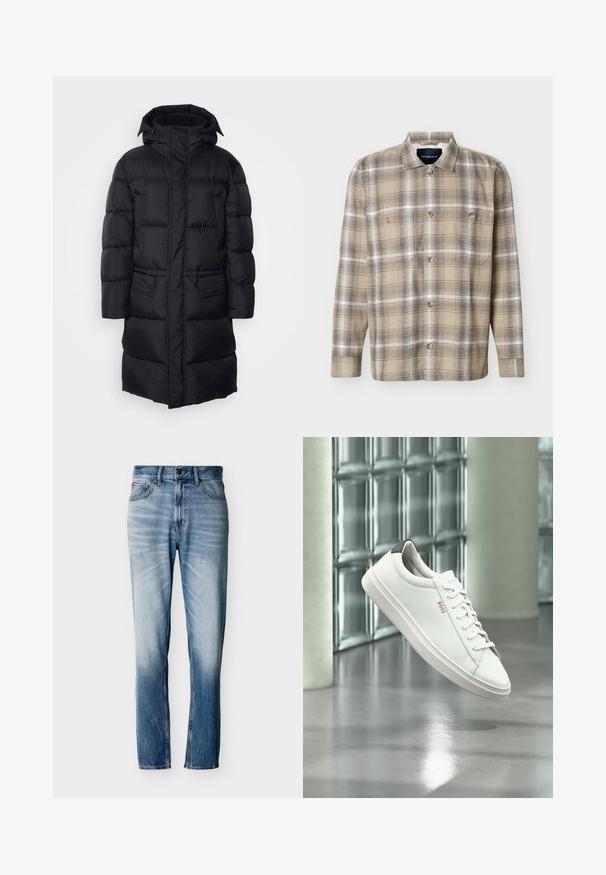 Schwarze Pufferjacke mit Kapuze, Reißverschluss und zwei Fronttaschen, mit gestepptem Futter und einer glatten, leichten Außenseite.; Beige-braun kariertes Langarmhemd mit Knopfleiste und zwei Brusttaschen, auf weißem Hintergrund dargestellt.; Blaue verwaschene Jeans mit geradem Bein, fünf Taschen, Knopfverschluss und Gürtelschlaufen, flach auf weißem Hintergrund ausgelegt.; Weißer Leder-Low-Top-Sneaker mit Schnürsenkeln, schwarzer Fersenschlaufe und „BOSS“-Logo, der drinnen nahe einer Glassteinwand und einem polierten Boden schwebt.