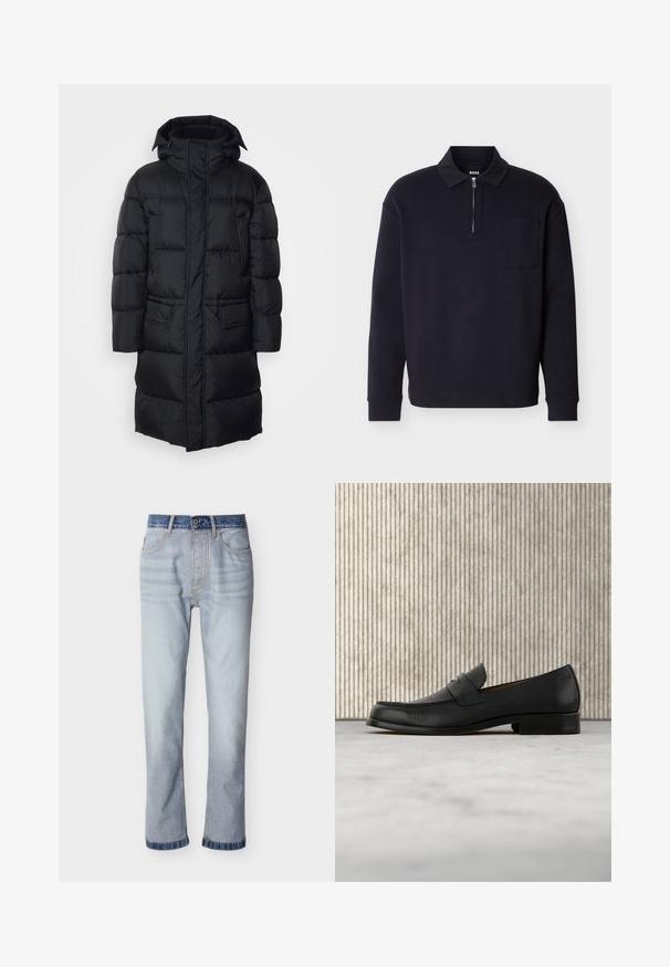 Schwarze Pufferjacke mit Kapuze, Reißverschluss und zwei Fronttaschen, mit gestepptem Futter und einer glatten, leichten Außenseite.; Schwarzes langärmliges Poloshirt aus weichem Stoff, mit einem Reißverschluss am Kragen, einer Brusttasche und einem klassischen Kragen.; Hellblaue Jeans aus Denim mit einem dunkelblauen Bund, geradem Beinverlauf, fünf Taschen und sichtbaren Nahtdetails.; Schwarzer Leder-Slipper schwebt über einem beigen Teppich, im Hintergrund ein glänzender, runder brauner Tisch.