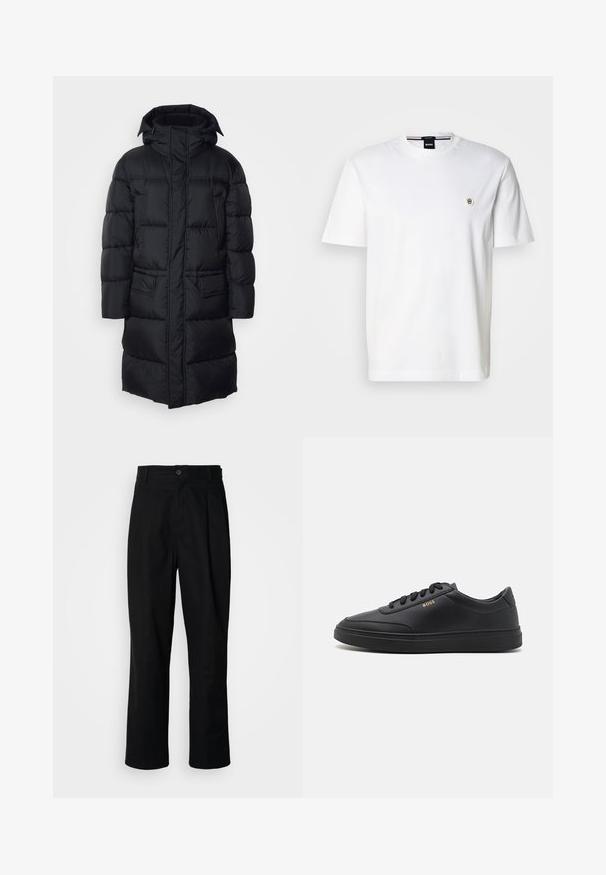 Schwarze Pufferjacke mit Kapuze, Reißverschluss und zwei Fronttaschen, mit gestepptem Futter und einer glatten, leichten Außenseite.; Weißes Baumwoll-T-Shirt mit rundem Ausschnitt, kurzen Ärmeln und kleinem Logo auf der linken Brust. Glatte Textur, klassischer Schnitt.; Schwarze gerade geschnittene Hosen mit einem Knopfverschluss, Gürtelschlaufen und Vorderfalten, vor einem schlichten weißen Hintergrund präsentiert.; Schwarze Leder-Sneaker mit glatter Textur, runder Zehenpartie, flacher Gummisohle und einfarbigen Schnürsenkeln. Mit goldfarbenem "BOSS" Logo an der Seite.