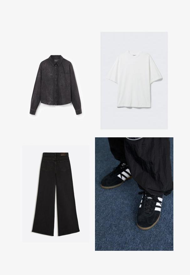 Chemise noire cropped à rayures verticales, fermeture à boutons, une poche poitrine unique, et un tissu texturé avec un léger éclat.; T-shirt blanc surdimensionné en coton à manches courtes avec col rond et une petite étiquette de marque à l'intérieur du col.; Jean en denim noir à jambes larges vu de dos avec deux poches arrière et des passants de ceinture à la taille.; Des chaussures de sport en suède noir avec trois rayures blanches et des lacets noirs. Un pantalon noir texturé est partiellement visible à côté des chaussures.