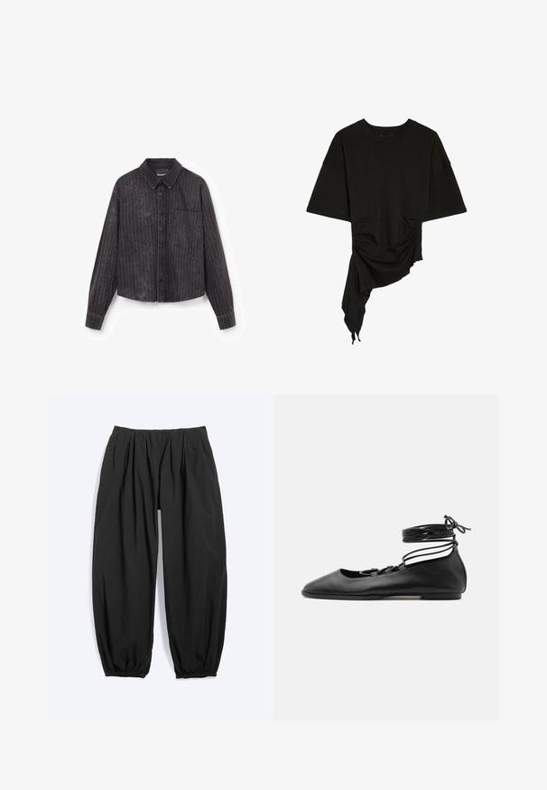 Chemise noire cropped à rayures verticales, fermeture à boutons, une poche poitrine unique, et un tissu texturé avec un léger éclat.; Top noir à manches courtes avec encolure ronde, ourlet asymétrique, fronces latérales et tissu drapé d’un côté.; Pantalon noir ample et fuselé avec taille élastique et poignets aux chevilles, fabriqué en tissu léger.; Chaussure de ballet plate en cuir noir avec un bout pointu, plusieurs fines brides sur le dessus et des lacets enroulés autour de la cheville.