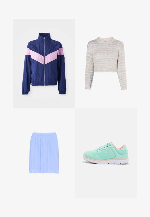 Navy Windbreaker-Jacke mit pinken Chevron-Streifen, Reißverschluss vorne, Stehkragen und elastischen Bündchen. Leichtes, glattes Material. Nike-Logo auf der Brust.; Pastellfarbener gestreifter Strickpullover mit langen Ärmeln und einem cropped Schnitt auf weißem Hintergrund.; Hellblauer plissierter Rock mit einer weichen, transparenter Textur und einem elastischen Bund. Der Stoff fällt sanft bis zur Oberschenkelmitte.; Leichte Sportschuhe aus mintgrünem Mesh mit einem glatten, hellrosa Akzent am Kragen und einer weißen Gummisohle.